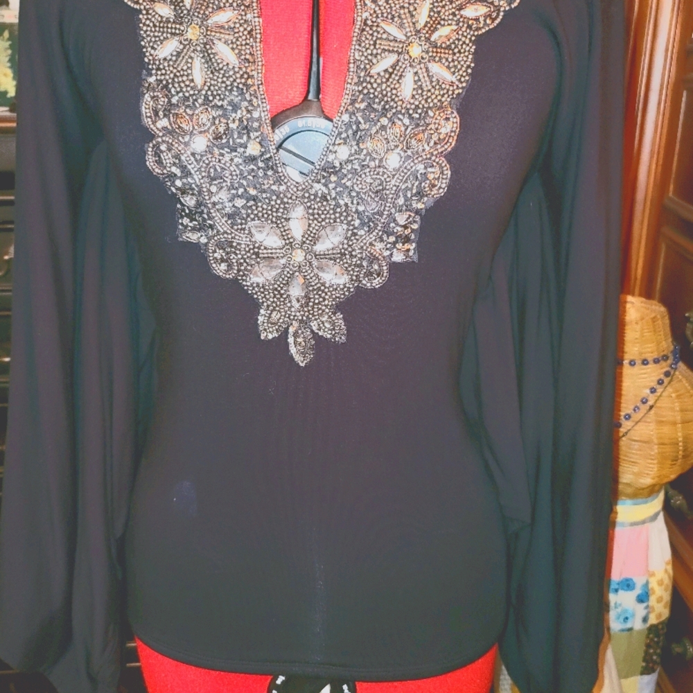 Sky brand beaded butterfly sleeve top